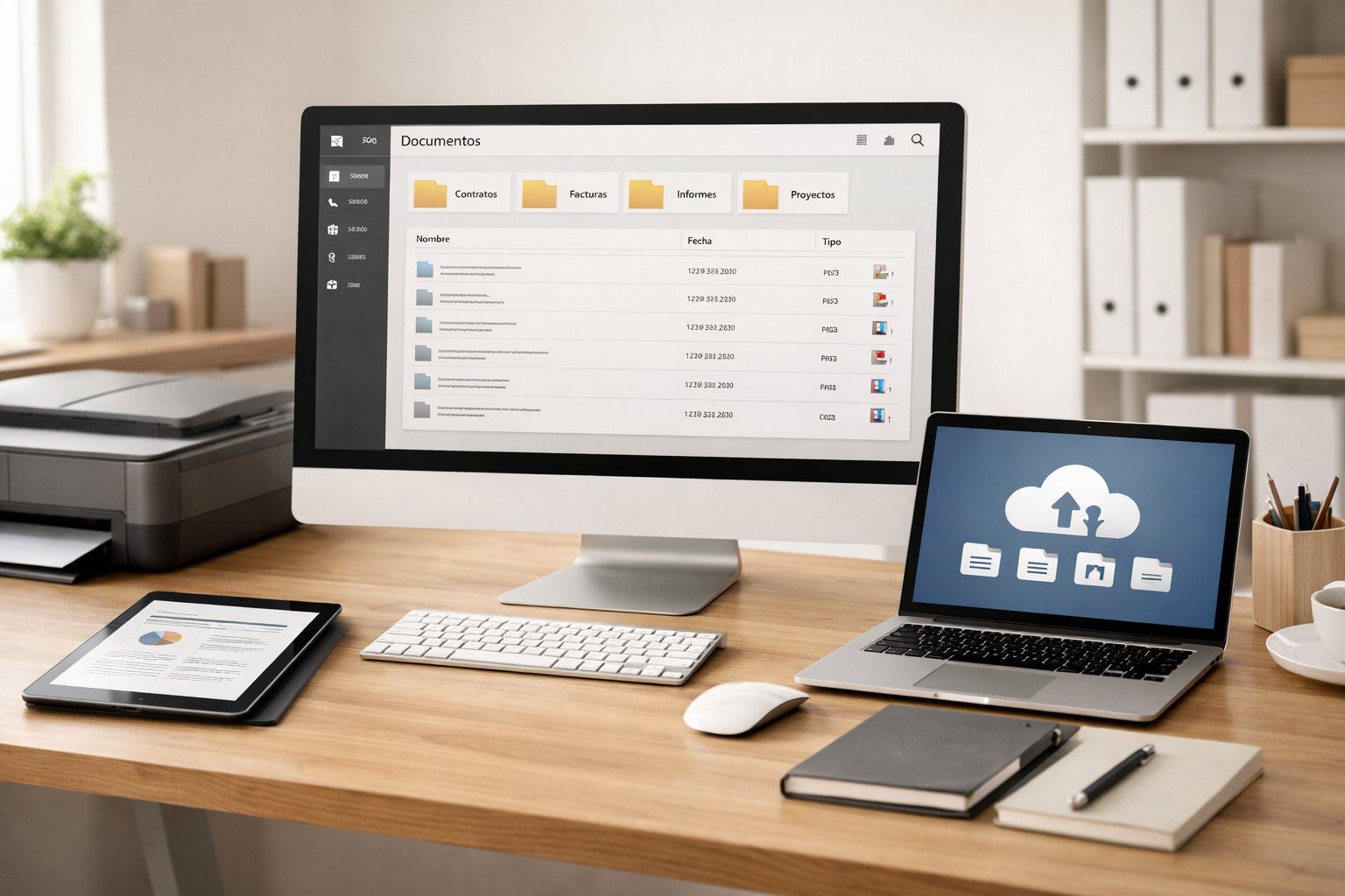 Documentos de oficina ordenados y digitalizados en un despacho profesional