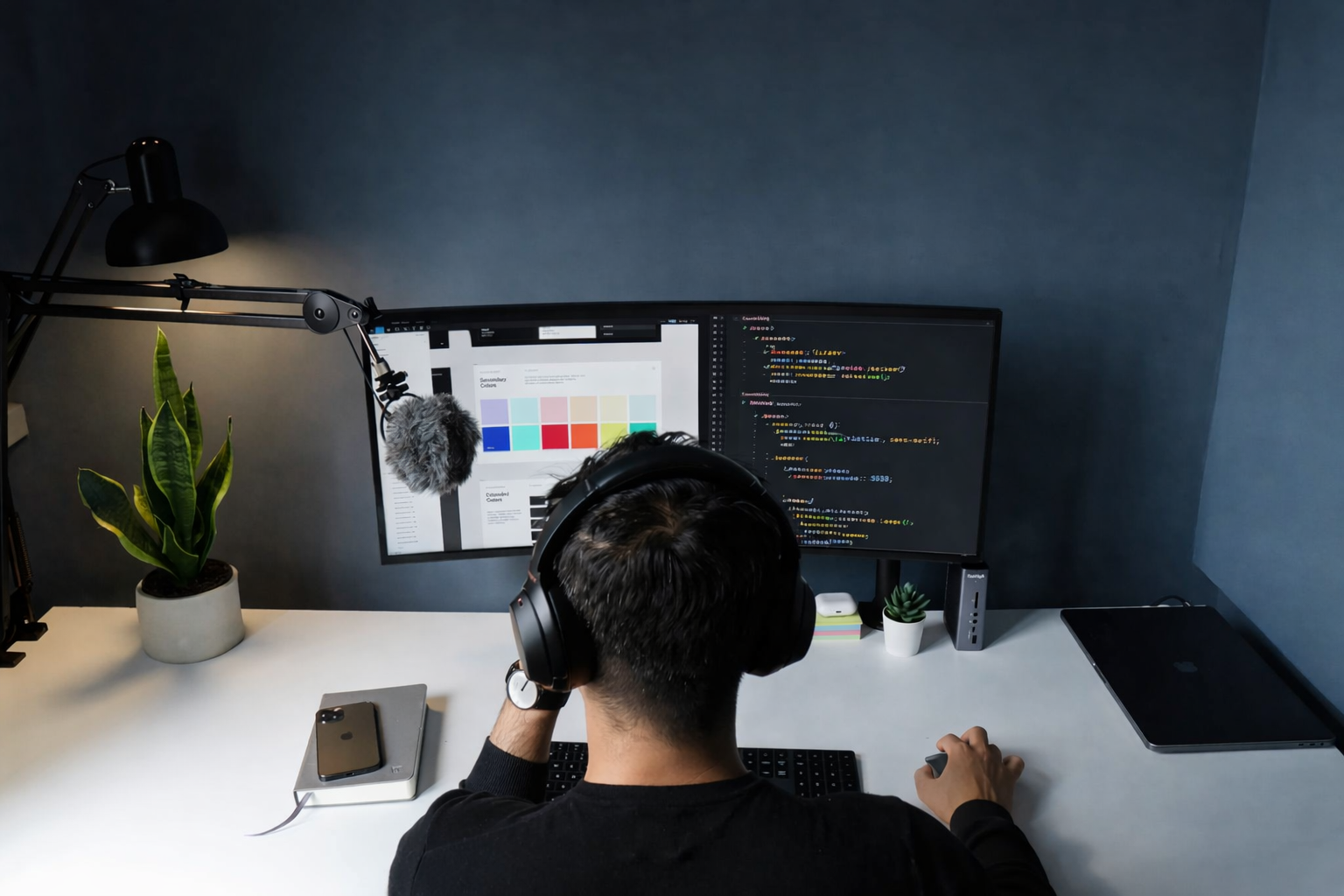 Dise&ntilde;ador comparando dos dise&ntilde;os web en monitores