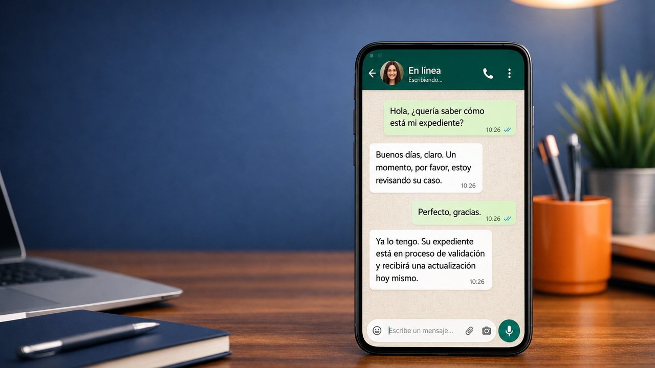 Móvil con la aplicación de WhatsApp Business abierta mostrando la atención a un cliente de un despacho profesional